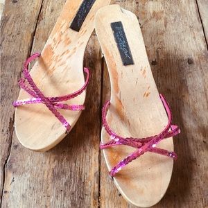 Vintage Betsey Johnson HotPink Sequins Wooden Kitten Heels